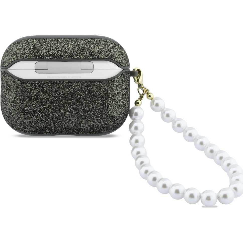 Oryginalne ekskluzywne etui od marki Guess z kolekcji Glitter Pearl Strap z perłową zawieszką dla Apple AirPods Pro 3, zielone